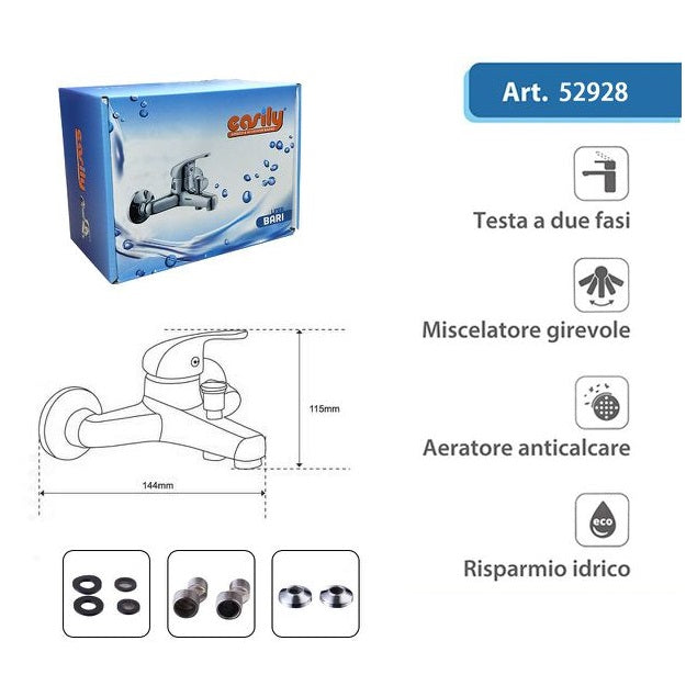 Rubinetto Vasca A Parete Miscelatore Con Innesto Doccia Bagno Cromato Bari-52928
