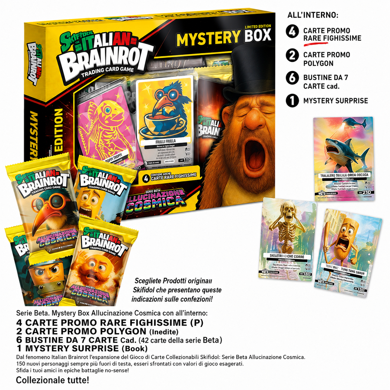 Skifidol BrainRot: Allucinazione Cosmica - Mystery Box Limited Edition Yellow - 6 bustine da 7 card + 4 carte promo e 2 mistery CCG TCG