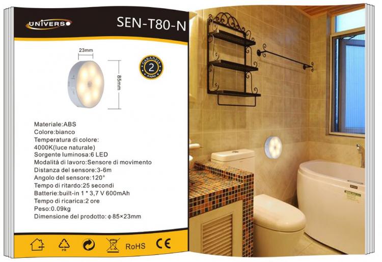 Lampada Led Con Sensore Movimento Ricaricabile Usb 6W Luce Naturale 4000K |T80N