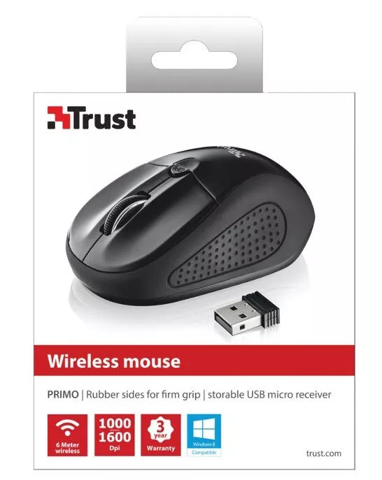 Mouse Trust Primo Wireless Senza Filo Ambidestro Ottico Windows PC Mac 1600 DPI