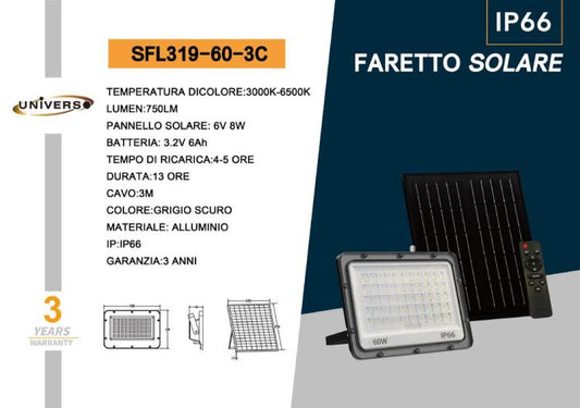 Universo Faro Led Esterno Faretto Con Pannello Solare 3C (3000K-4000K-6500K) 60W