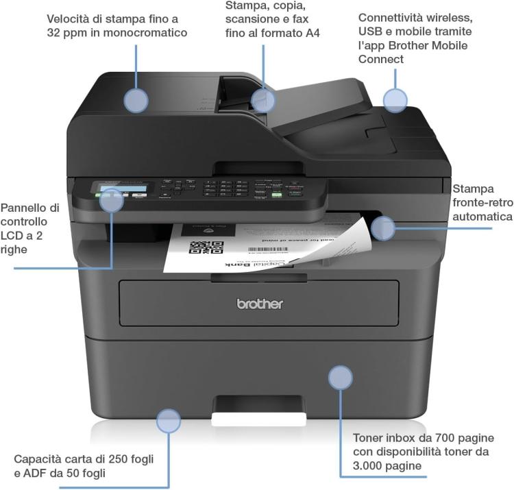 BROTHER STAMPANTE MULTIFUNZIONE LASER MFC-L2800DW WIFI LAN USB SCANNER 32PPM