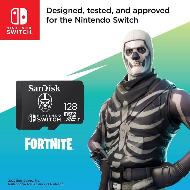 Nintendo Switch Sandisk Microsdxc 128Gb Memoria Micro Sd Scheda Fortnite Skull