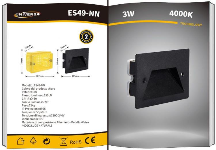 Faretto Segnapassi Ip65 Led 3W Incasso Scatola 503 Per Scale Giardino 4000K/Nero