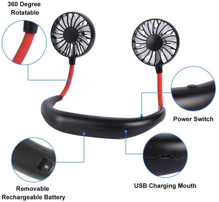 Ventilatore Portatile Usb Ricaricabile Led Collo Sport Tavolo Ufficio Casa Auto