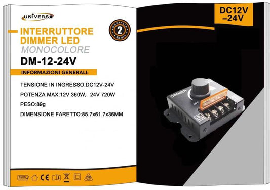 Dimmer Analogico Per Strisce Strip Led Manuale Con Rotella Manopola 30A 12V/24V