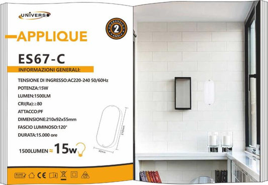 Plafoniera 15W Applique Ovale Lampada Da Esterno Led Muro Parete Ip65 220V 3000K
