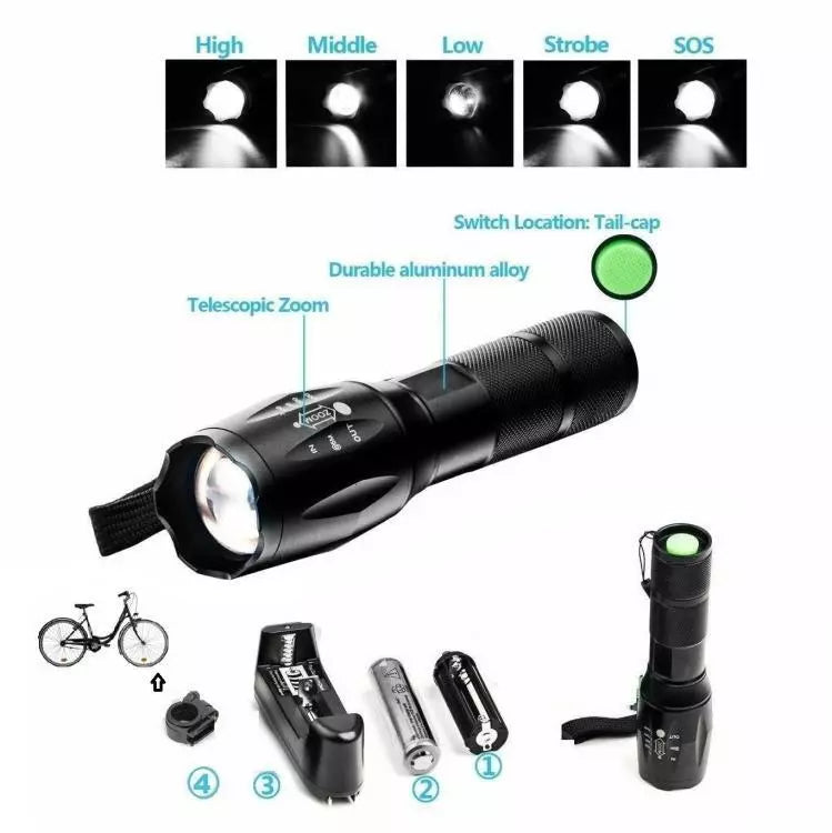 Torcia Tattica Militare Led T6 100000 Lumen Bici Zoom Luce Ricaricabile Lanterna