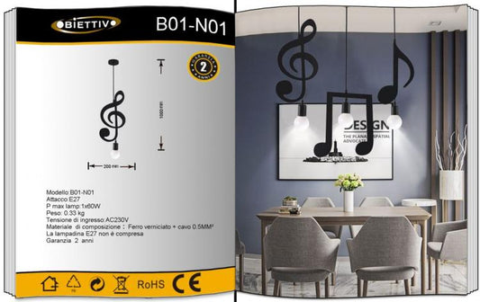 Lampadario A Sospensione Portalampada Nero Led A Nota Musicale Moderno E27 B01N1