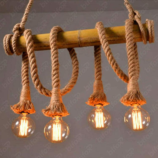 Lampadario In Corda Retro 4 Bulbo E27 A Sospensione Stile Vintage Con Corda B23