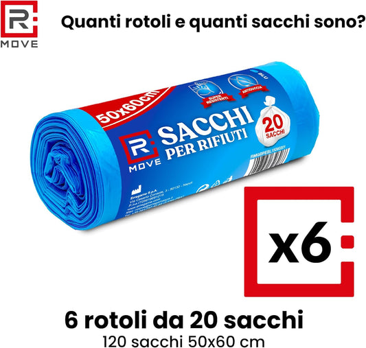 RMOVE 120 Sacchi Spazzatura 50x60 Rotoli Sacchetti Blu Indifferenziata Rifiuti Senza Manico