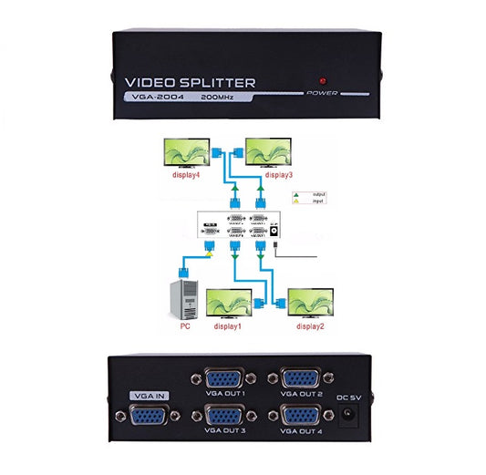 Switch Splitter Sdoppiatore Vga 4 Porte Uscita 200Mhz Monitor Pc Commutatore Led