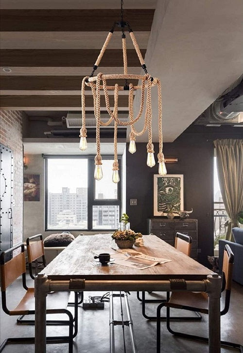 Lampadario E27 Vintage 6 Portalampada Corda Led Lampada Lampadina Country Retro