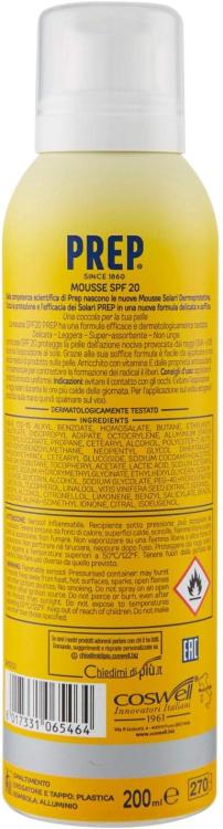 Prep - Spray Solare Mousse Dermoprotettiva Spf20 Raggi Uva-Uvb Protezione Solare