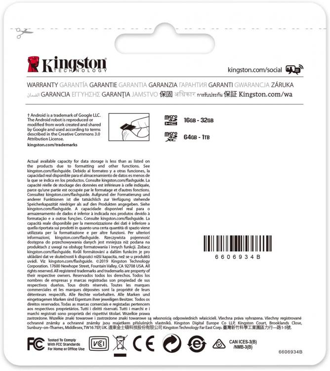 Kingston Micro Sd 32Gb + Adattatore Canvas Plus Sdcs2 32Gb Classe 10 100Mb/S