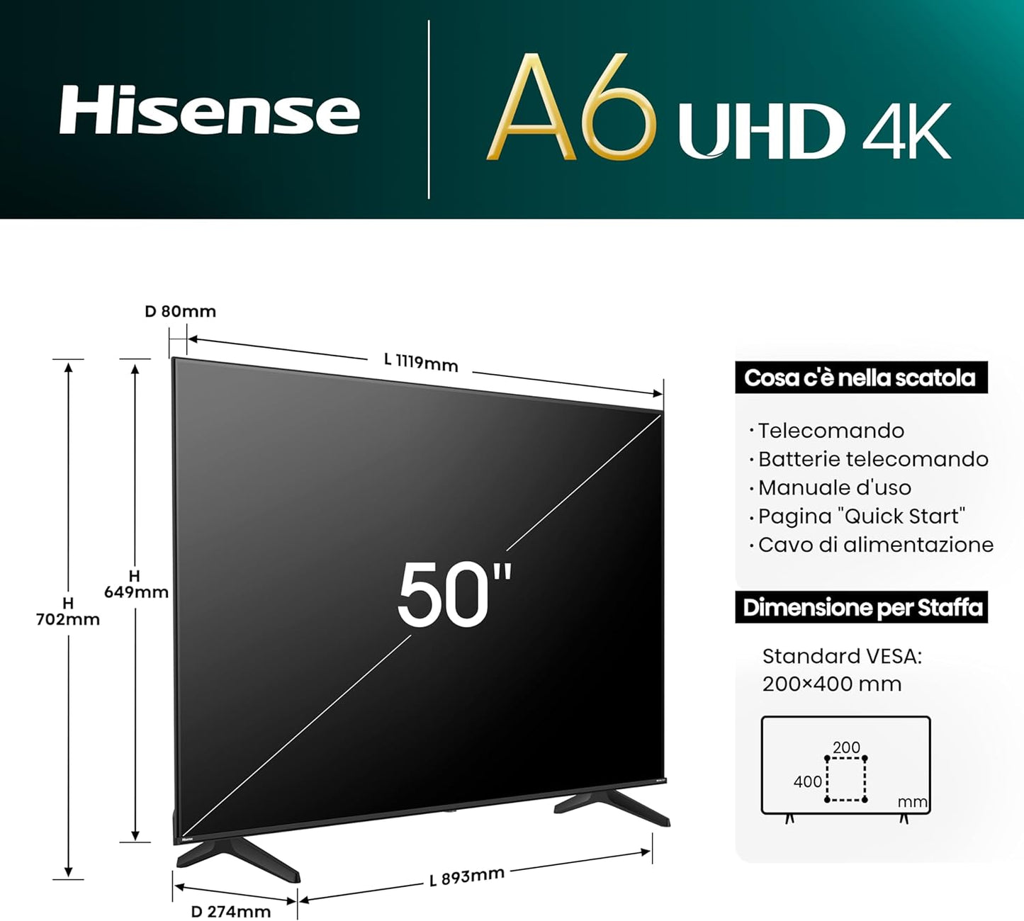 Hisense Smart TV 50" UHD 4K Ultra HD 50A6N Led Android Wi-Fi Hdmi Hdr