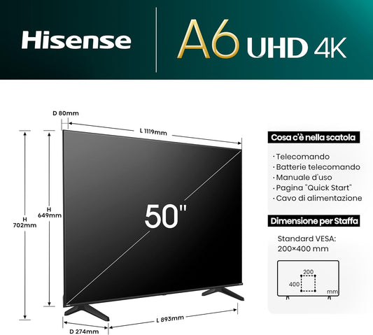 Hisense Smart TV 50" UHD 4K Ultra HD 50A6N Led Android Wi-Fi Hdmi Hdr