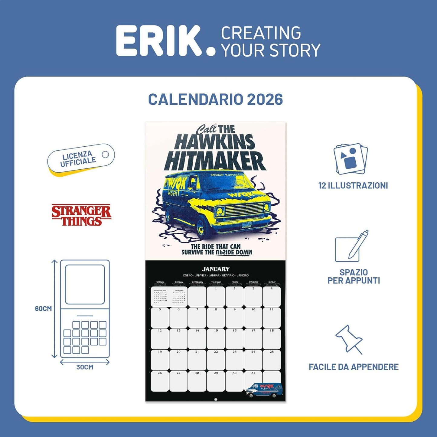 Calendario 2026 (Stranger Things) da Muro/Parete 30X30 con Gadget + Poster da Parete in Regalo - Licenza ufficiale