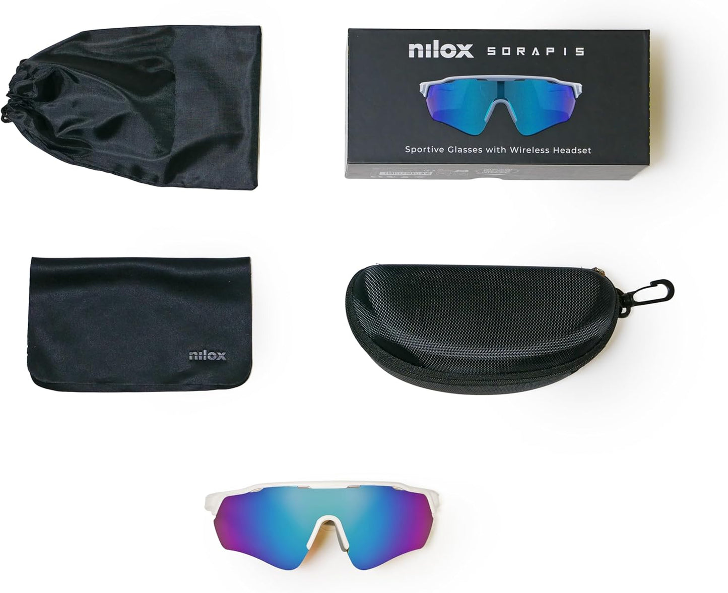 Nilox Occhiali Smart Sportivi SOPRAPIS con Audio Open-Ear, Altoparlanti Integrati, Controllo Vocale Siri e Google, Lenti con Filtro Luce Blu, Design Ergonomico e Resistente IPX5