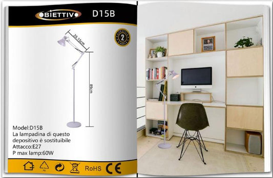 Lampada A Piantana Da Terra Braccio Orientabile Luce Lettura Metallo Bianco|D15B