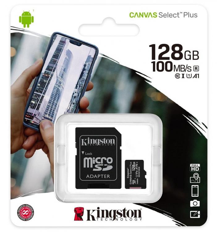Kingston Micro Sd 128Gb + Adattatore Canvas Plus Sdcs2 32Gb Classe 10 100Mb/S