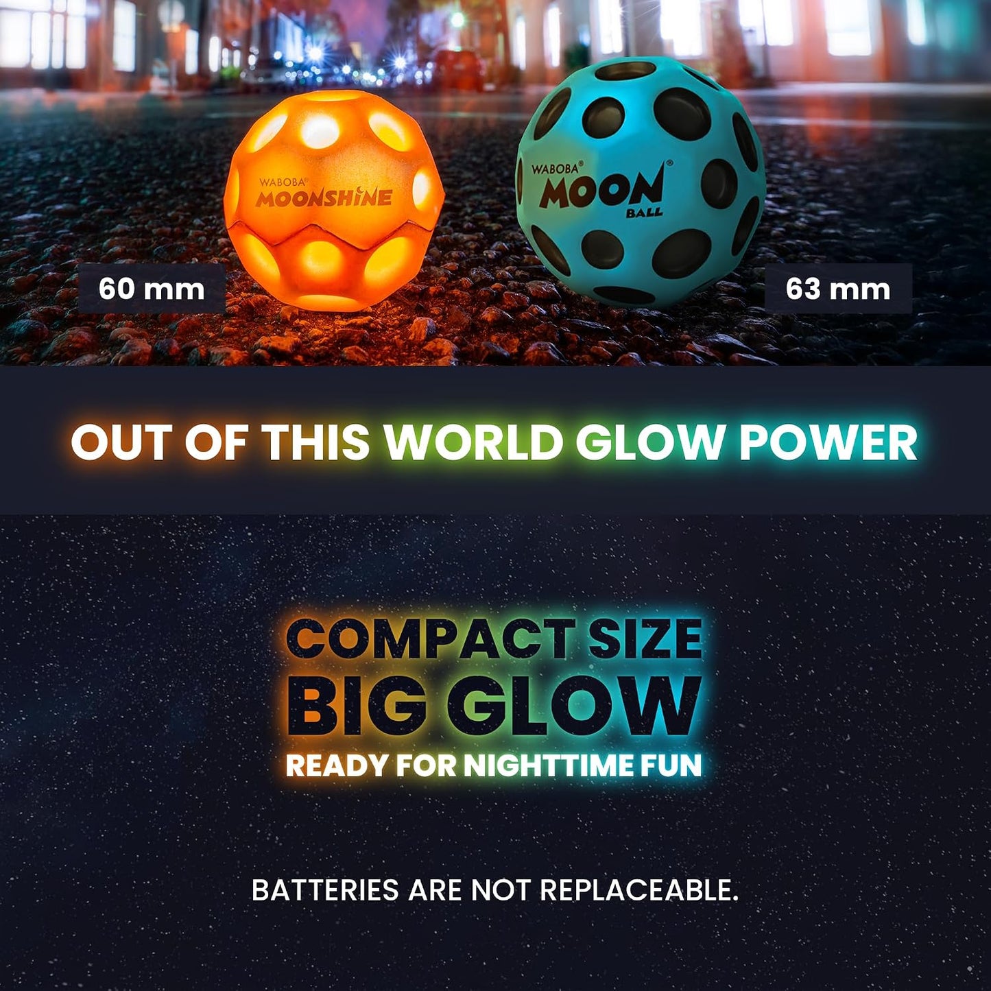 Waboba Pallina Moon Ball Moonshine Light Up 1pz Glow In The Dark Rimbalzante - 3 Colori - Light Up Moon Ball Led Hyper Bouncy - Extra Bounce Land Ball