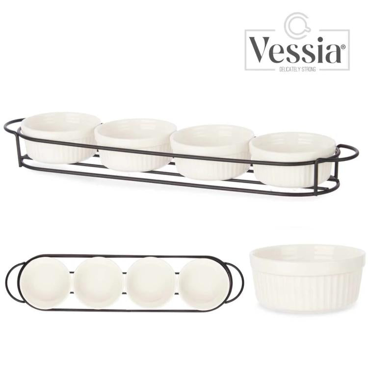 Set 4 Pezzi Antipastiera Porcellana Con Supporto Vassoio Aperitivo Ciotole Salse