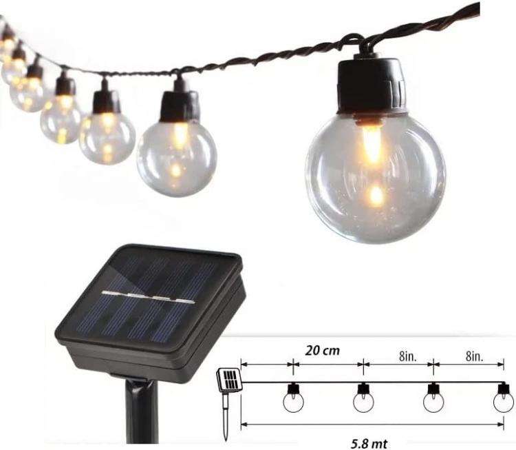 CATENARIA SOLARE LUMINOSA 20 LAMPADINE CATENA 5,8MT LUCI ESTERNO ADDOBBI NATALE