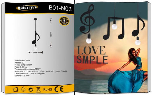 Lampadario A Sospensione Portalampada Nero Led 2 Nota Musicale Moderno E27 B01N3