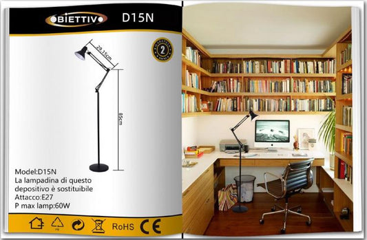 Lampada A Piantana Da Terra Braccio Orientabile Luce Lettura Metallo Nero |D15N