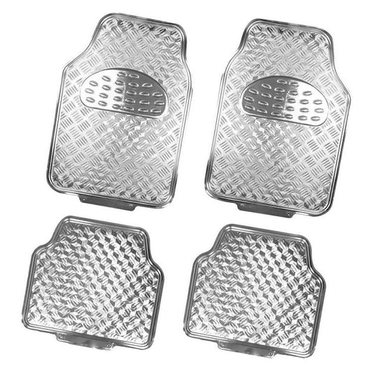 Set 4 Tappetini Tappeti Auto Universali Gomma Effetto Metallo Cromato (Argento)