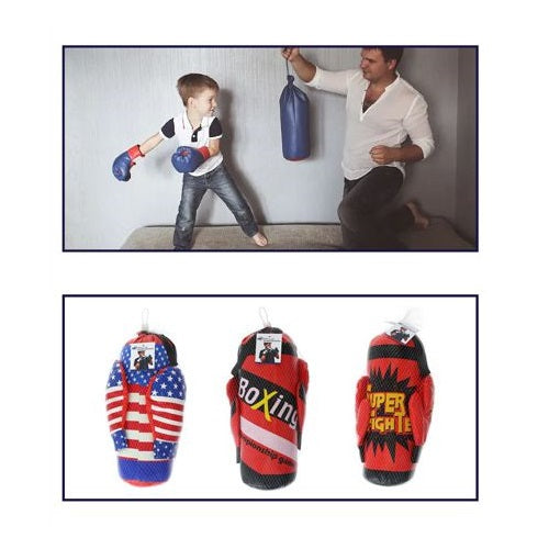 Kit Guantoni + Sacco Da Boxe 41Cm Per Bambino Gioco Allenamento Pugile Kick Box