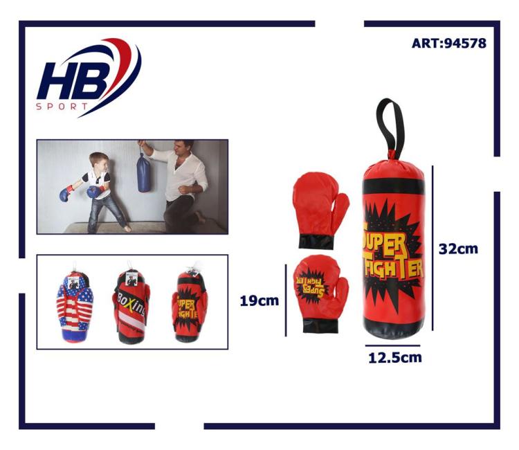 Kit Guantoni + Sacco Da Boxe 32Cm Per Bambino Gioco Allenamento Pugile Kick Box
