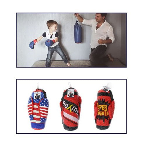 Kit Guantoni + Sacco Da Boxe 32Cm Per Bambino Gioco Allenamento Pugile Kick Box