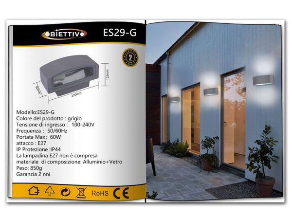 Plafoniera Da Esterno Applique Doppia Luce Acciaio Vetro E27 Lampada Led |Grigio