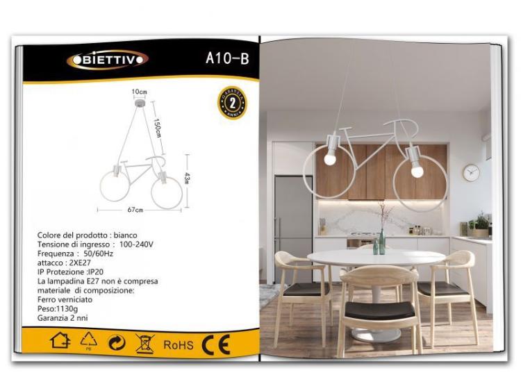 Lampadario A Sospensione A Forma Di Bicicletta In Metallo Bianco 2 Attacchi E27