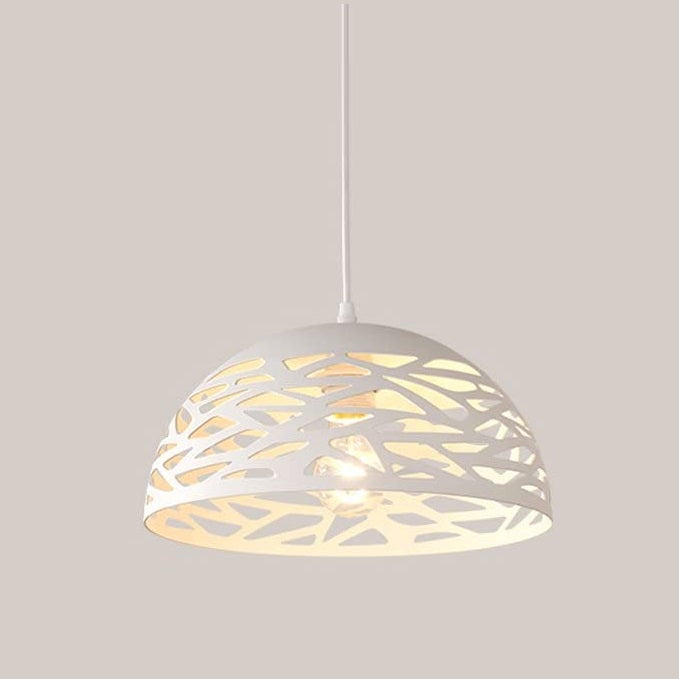 Lampadario Moderno A Sospensione Paralume Traforato Intrecciato Ferro E27 Bianco