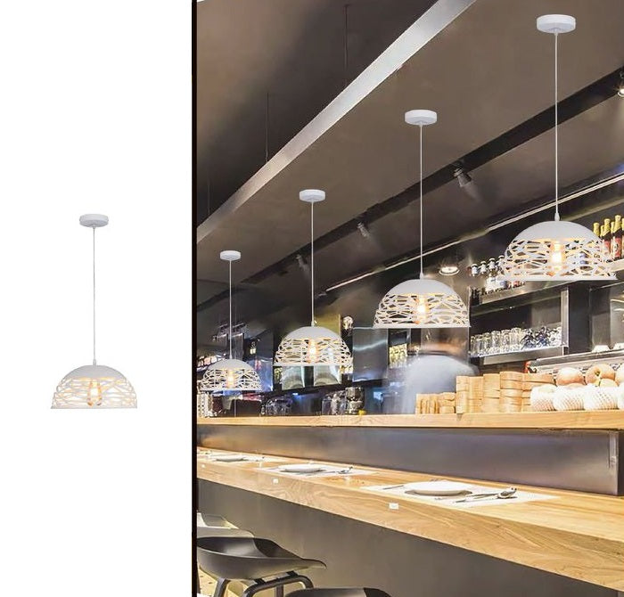 Lampadario Moderno A Sospensione Paralume Traforato Intrecciato Ferro E27 Bianco