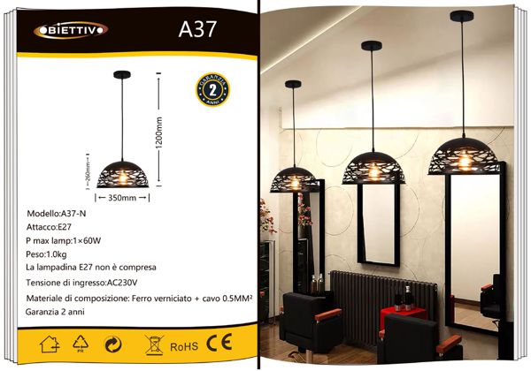 Lampadario Moderno A Sospensione Paralume Traforato Intrecciato Ferro E27 Nero