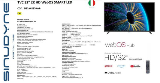 Sinudyne Smart Tv Led Hd 32" 2K Webos Dvb-T2/C/S2 Hdmi Spdif Scart Si32Ah2370Wb