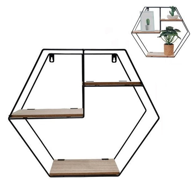 Scaffale Mensola Da Parete Esagonale In Metallo Ripiani Legno Bacheca Libreria
