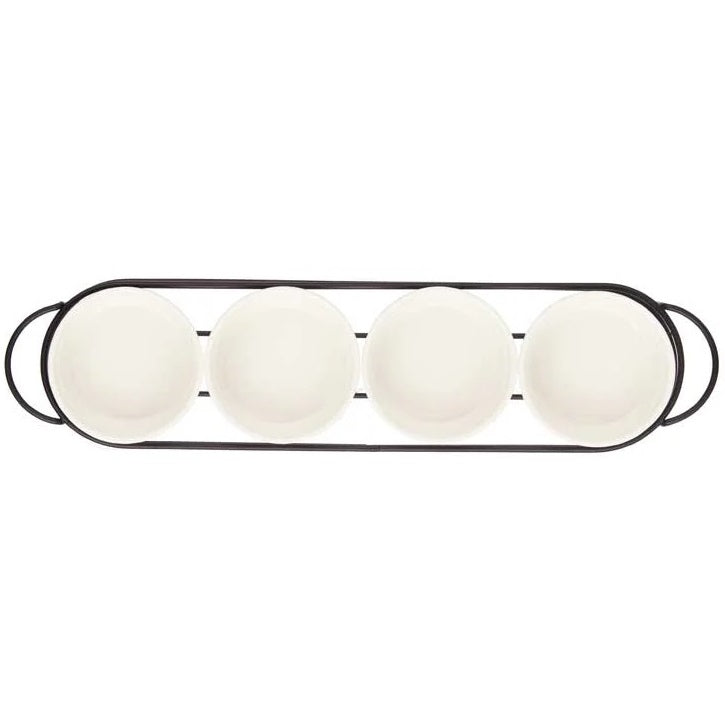 Set 4 Pezzi Antipastiera Porcellana Con Supporto Vassoio Aperitivo Ciotole Salse