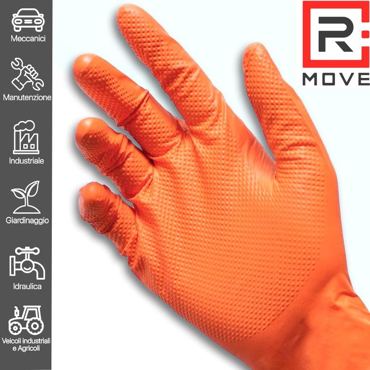 Rmove 100Pz 8.5Gr Da Lavoro Guanti Nitrile Arancione Senza Polvere Full Grip (M)