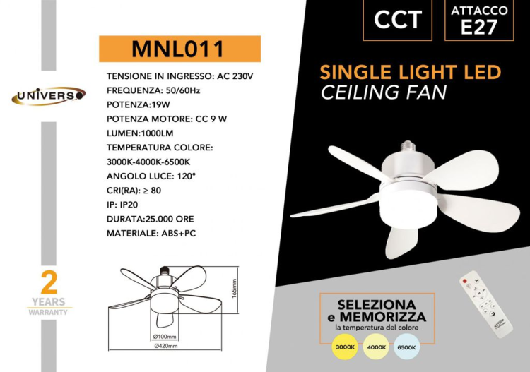 Ventilatore E Lampadario Da Soffitto 19W E27 Plafoniera Luce Led Cct Telecomando