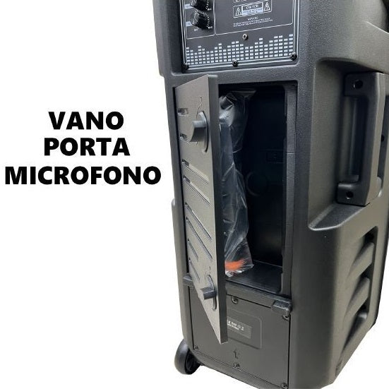 CASSA PORTATILE RICARICABILE TROLLEY AMPLIFICATA BLUETOOTH USB MICROFONO KARAOKE