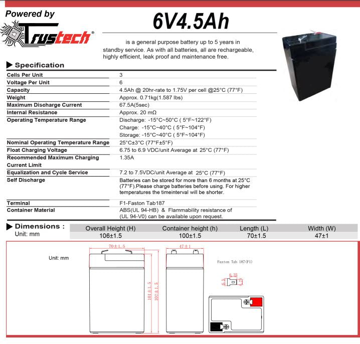 Trustech 2 X Batteria Ermetica Piombo 6V 4Ah 4,5Ah Ricaricabile Auto Peg Perego