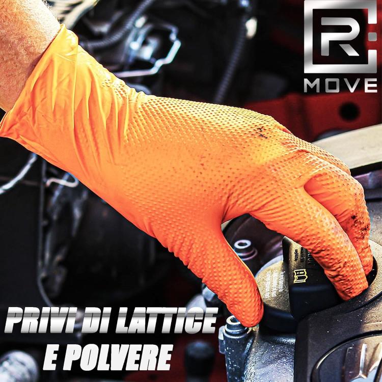 Rmove 100Pz 8.5Gr Da Lavoro Guanti Nitrile Arancione Senza Polvere Full Grip (M)