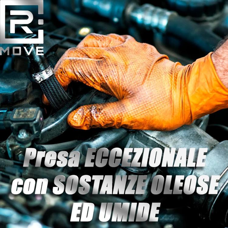 Rmove 100Pz 8.5Gr Da Lavoro Guanti Nitrile Arancione Senza Polvere Full Grip (M)
