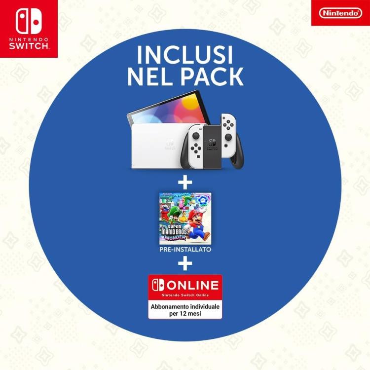 Nintendo Switch Oled White Console Bianca +Super Mario Wonder + 12 Mesi Abbonam.