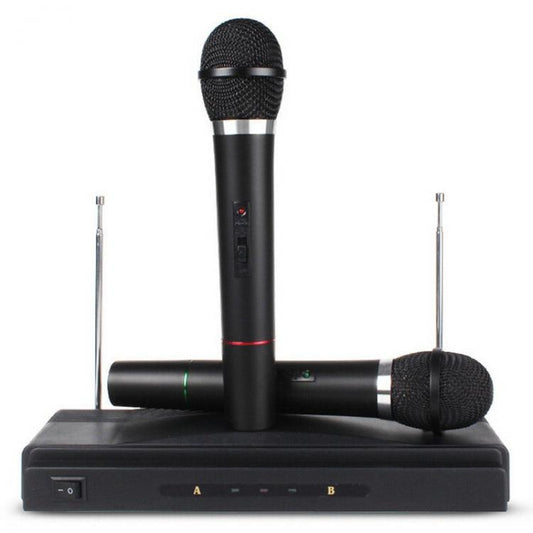 COPPIA MICROFONI PROFESSIONALI WIRELESS CON BASE CENTRALINA VHF BICANALI KARAOKE